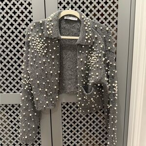 Zara Gray Women's Sweater Jacket with Pearl Details